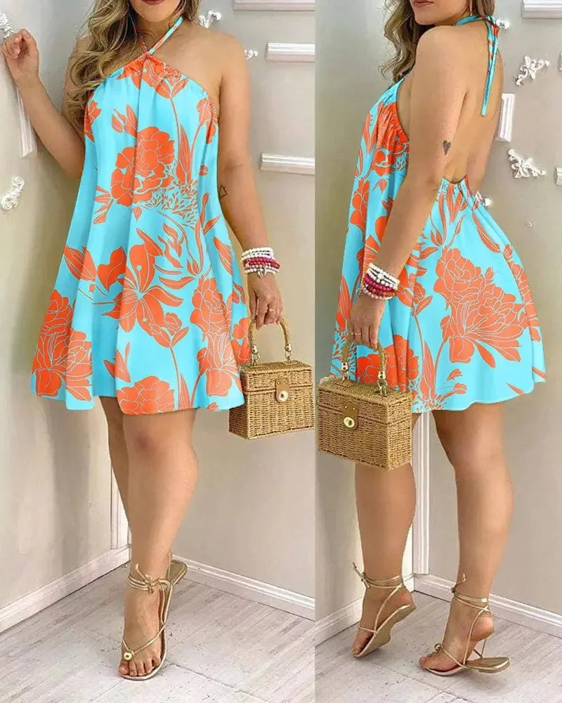 Vestido com decote halter estampado tropical, vestido estilo férias sem costas para primavera e verão, roupas femininas