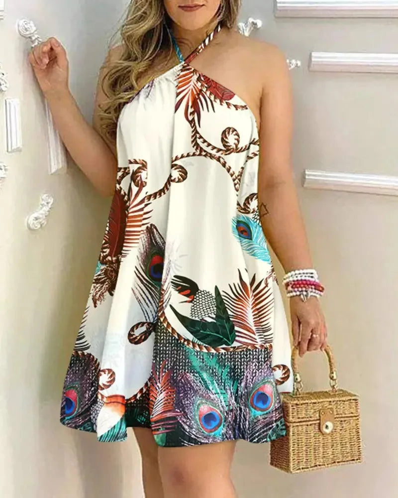 Vestido com decote halter estampado tropical, vestido estilo férias sem costas para primavera e verão, roupas femininas