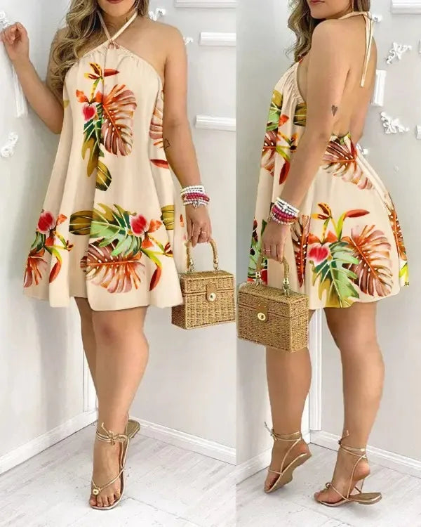 Vestido com decote halter estampado tropical, vestido estilo férias sem costas para primavera e verão, roupas femininas