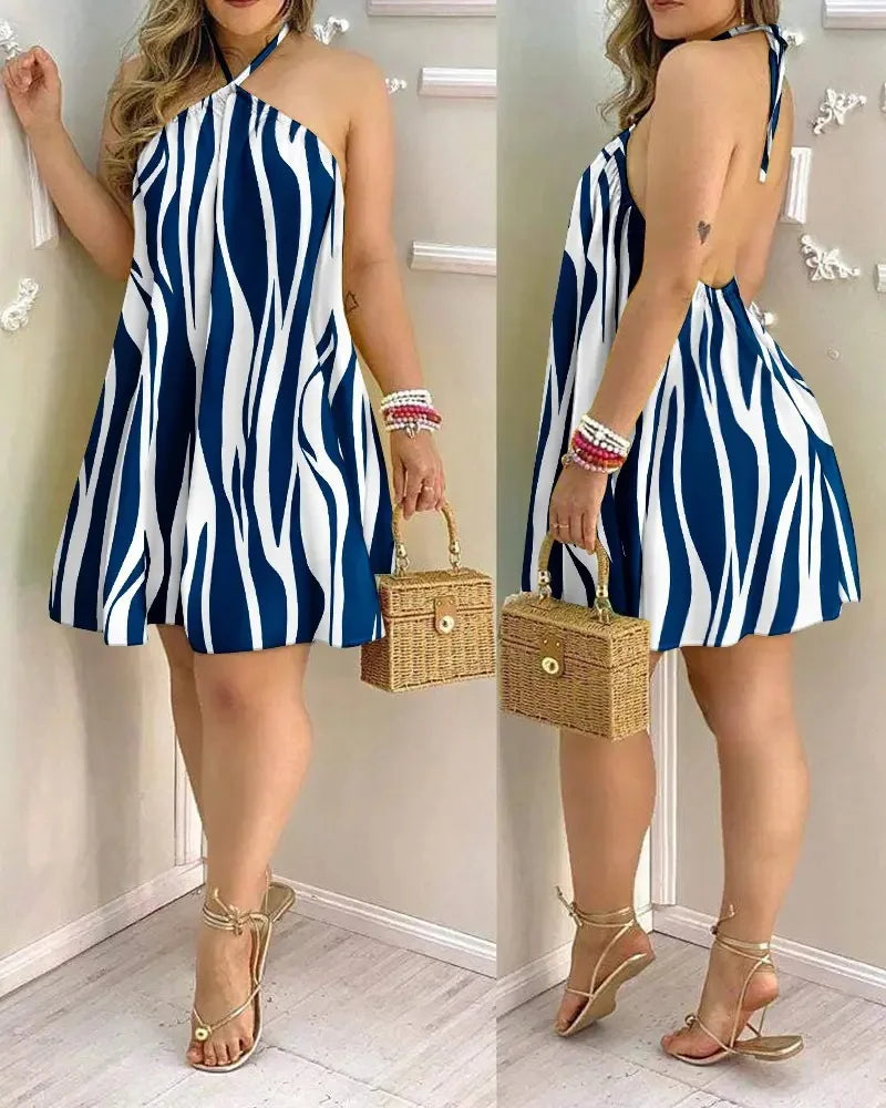 Vestido com decote halter estampado tropical, vestido estilo férias sem costas para primavera e verão, roupas femininas