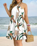 Vestido com decote halter estampado tropical, vestido estilo férias sem costas para primavera e verão, roupas femininas